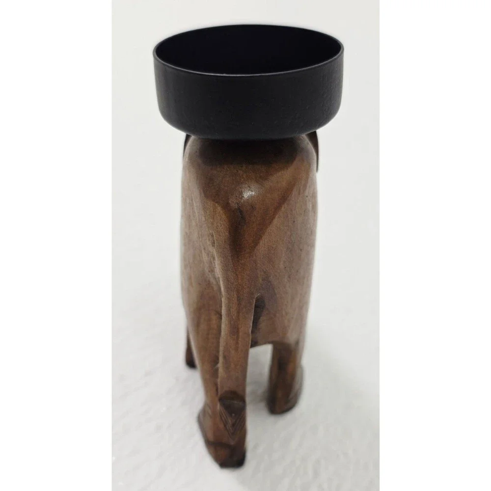 Vintage Wooden Carved Elephant Tea Light Candle Holder